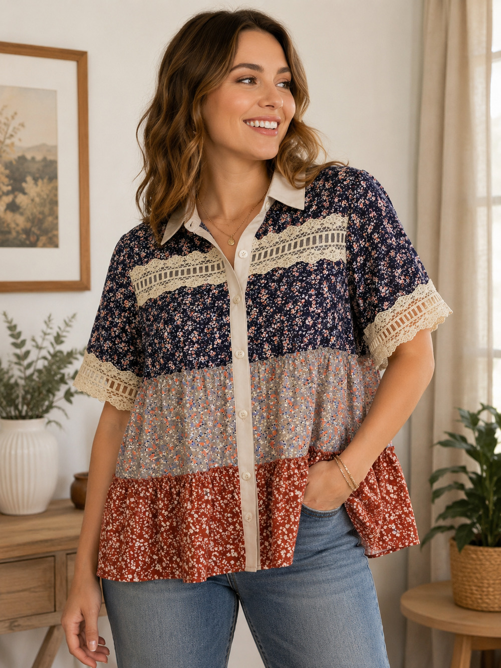 Boho Patchwork Floral Lace Button Front Babydoll Blouse XL